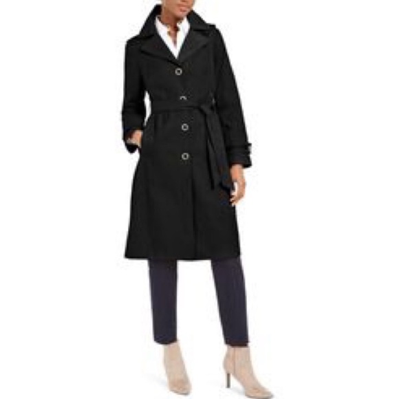Anne Klein Black Belted Trench Coat with Removable Hood Size Medium - Picture 1 of 8